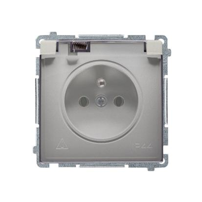 Socket with grounding, splash-proof IP44 (module), 16A, 250V, screw terminals. Transparent flap, satin (metallic)