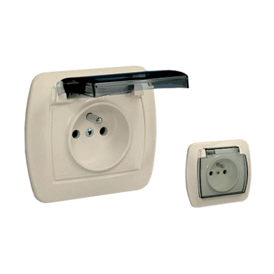 Socket with grounding, splash-proof IP44 with shutters for current paths, 16A, 250V, screw terminals. Transparent flap, beige
