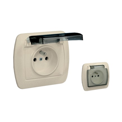 Socket with grounding, splash-proof IP44 with shutters for current paths, 16A, 250V, screw terminals. Transparent flap, beige