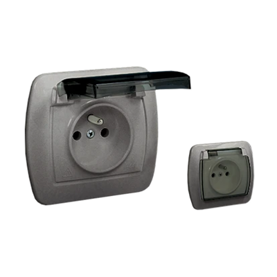 Socket with grounding, splash-proof IP44 with shutters for current paths, 16A, 250V, screw terminals. Transparent flap, silver (metallic)