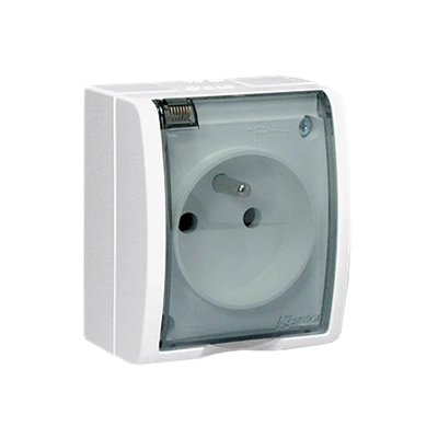 Socket with grounding, splash-proof IP54, transparent flap, 16A, 250V, screw terminals, white