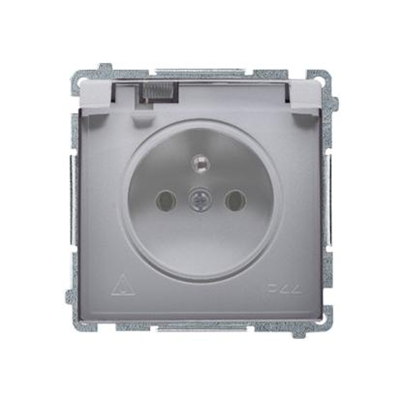 Socket with grounding, with filter current paths, splash-proof IP44 (module), 16A, 250V, screw terminals, transp. flap, inox (metallic)