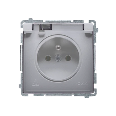 Socket with grounding, with filter current paths, splash-proof IP44 (module), 16A, 250V, screw terminals, transp. flap, inox (metallic)