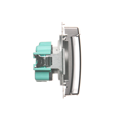 Socket with grounding, with filter current paths, splash-proof IP44 (module), 16A, 250V, screw terminals, transp. flap, inox (metallic)