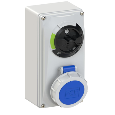 Socket with switch 0-1-small mechanical interlock 16A 230V 2P+Z IP67