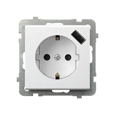 SONATA Presa singola con messa a terra, schuko, con tapparelle percorso corrente, con caricatore USB, bianco