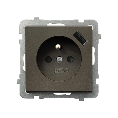 SONATA Single socket-outlet with earthing, current paths shutters, with USB charger chocolate metallic