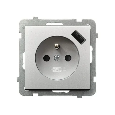 SONATA Single socket outlet with earthing, current paths shutters, with USB charger, matt silver