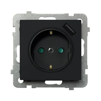 SONATA Single socket outlet with earthing schuko with shutters for current paths, with USB charger black metallic