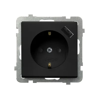 SONATA Single socket outlet with earthing schuko with shutters for current paths, with USB charger black metallic
