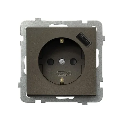 SONATA Single socket outlet with earthing schuko with shutters for current paths, with USB charger chocolate metallic