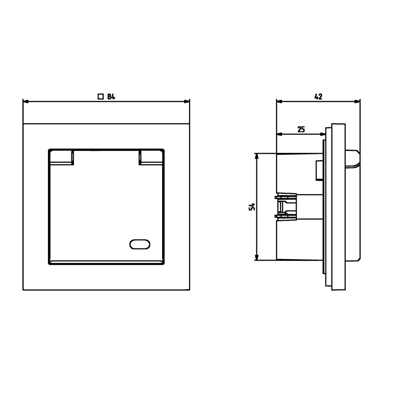 SONATA Splash-proof socket with grounding, black metallic, frameless, transparent cover, equipped with shutters for current paths