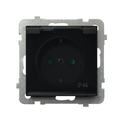 SONATA Splash-proof socket with grounding, black metallic, transparent lid, without frame, equipped with shutters for current paths