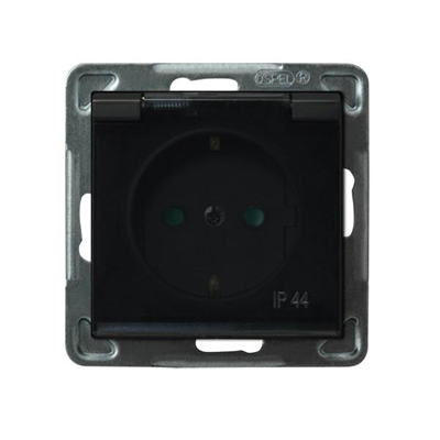 SONATA Splash-proof socket with grounding, black metallic, transparent lid, without frame, equipped with shutters for current paths