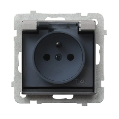 SONATA Splashproof socket with grounding silver matt, frameless, transparent lid, equipped with shutters for current paths