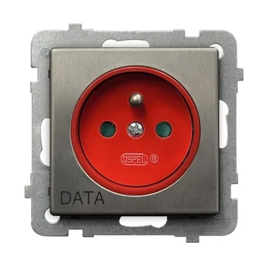 SONATA STEEL INOX Prise simple avec mise à la terre DATA, en acier inoxydable, équipée d'obturateurs pour les chemins de courant