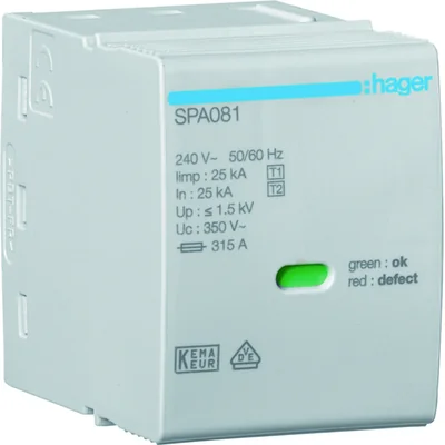 SPD Module T1 1P network TN-S/TN-C/TT(L-N) Iimp=25kA Up≤1.5kV In=25kA to SPA80x