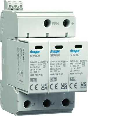 SPD Варисторний розрядник перенапруг T1+T2 MOV 3P TN-C 37,5kA 50kA 1,2kV