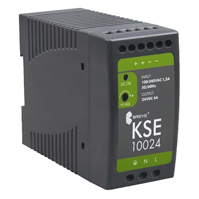 Стабілізований імпульсний джерело живлення KSE 10024P 230/24VDC 4A із захистом і регулюванням напруги IP20 TH-35