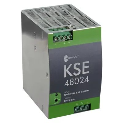 Stabilizovaný spínaný zdroj KSE 48024M 230/24VDC 20A s krytím a regulací napětí IP20 TH-35