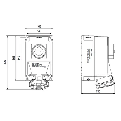 Стаціонарна розетка IP67 63A 400V 3P+N+C з вимикачем 0-1