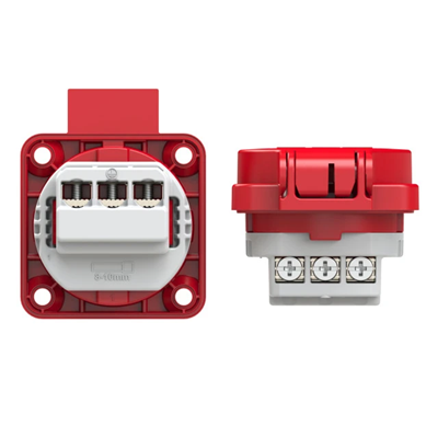 Steckdose mit Stift 16A 2P+E 230V 50/60Hz IP54, rückseitiger Anschlussflansch 50X50, vernickelte Kontakte, rot