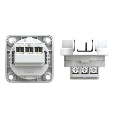 Steckdose mit Stift 16A 2P+E 230V 50/60Hz IP54, rückseitiger Anschlussflansch 50X50, vernickelte Kontakte, weiß