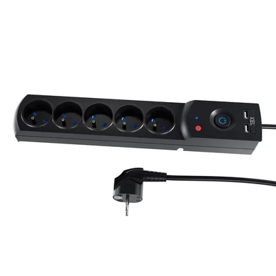 Steckdosenleiste mit Sicherung und Überspannungsschutzsystem, professionell, 5 Steckdosen, 2 USB-Anschlüsse, Länge 5 m, 10 A, 230 V, 2300 W, Schwarz