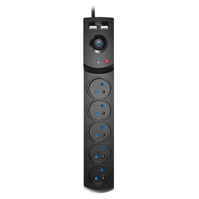 Steckdosenleiste mit Sicherung und Überspannungsschutzsystem Profi, 5 Steckdosen, 2 USB-Anschlüsse, Länge 1,5 m, 10A 230V 2300W, schwarz