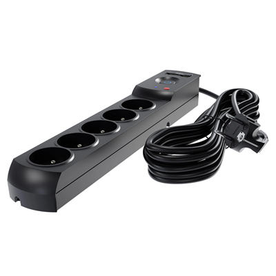 Steckdosenleiste mit Sicherung und Überspannungsschutzsystem Profi, 5 Steckdosen, 2 USB-Anschlüsse, Länge 1,5 m, 10A 230V 2300W, schwarz
