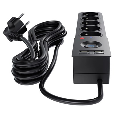 Steckdosenleiste mit Sicherung und Überspannungsschutzsystem Profi, 5 Steckdosen, 2 USB-Anschlüsse, Länge 1,5 m, 10A 230V 2300W, schwarz