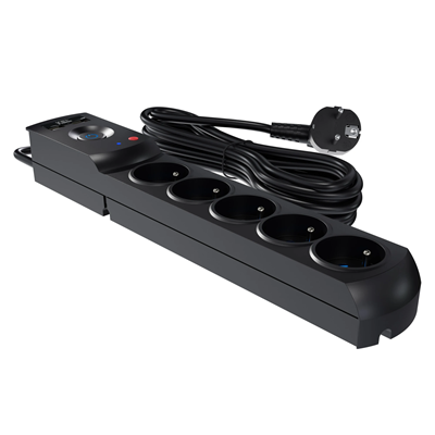 Steckdosenleiste mit Sicherung und Überspannungsschutzsystem Profi, 5 Steckdosen, 2 USB-Anschlüsse, Länge 1,5 m, 10A 230V 2300W, schwarz
