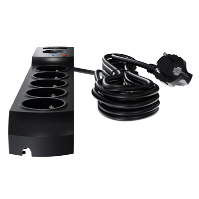 Steckdosenleiste mit Sicherung und Überspannungsschutzsystem Profi, 5 Steckdosen, 2 USB-Anschlüsse, Länge 1,5 m, 10A 230V 2300W, schwarz