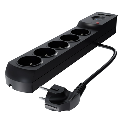 Steckdosenleiste mit Sicherung und Überspannungsschutzsystem Profi, 5 Steckdosen, 2 USB-Anschlüsse, Länge 1,5 m, 10A 230V 2300W, schwarz