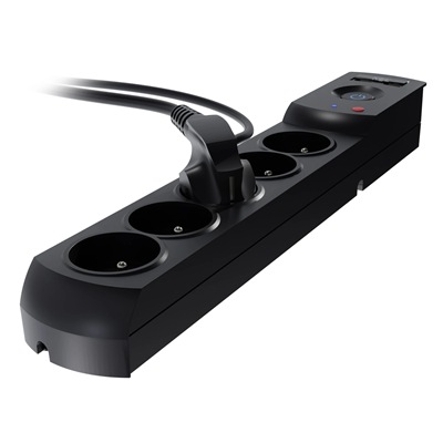 Steckdosenleiste mit Sicherung und Überspannungsschutzsystem Profi, 5 Steckdosen, 2 USB-Anschlüsse, Länge 1,5 m, 10A 230V 2300W, schwarz