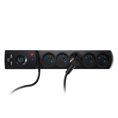 Steckdosenleiste mit Sicherung und Überspannungsschutzsystem Profi, 5 Steckdosen, 2 USB-Anschlüsse, Länge 1,5 m, 10A 230V 2300W, schwarz