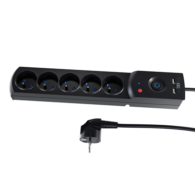 Steckdosenleiste mit Sicherung und Überspannungsschutzsystem Profi, 5 Steckdosen, 2 USB-Anschlüsse, Länge 1,5 m, 10A 230V 2300W, schwarz
