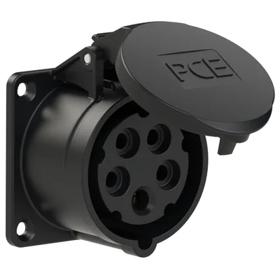 Straight panel socket 16A 3P+Z+N 400V 50/60Hz 4h IP44, flange 70X70, bolt spacing 56X56, MIDNIGHT series