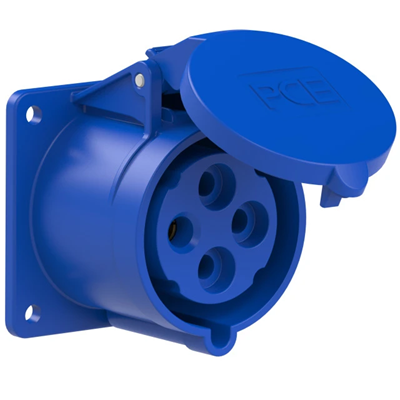 Straight panel socket 32A 3P+E 230V 50/60Hz 9h IP44, flange 75X75, bolt spacing 60X60