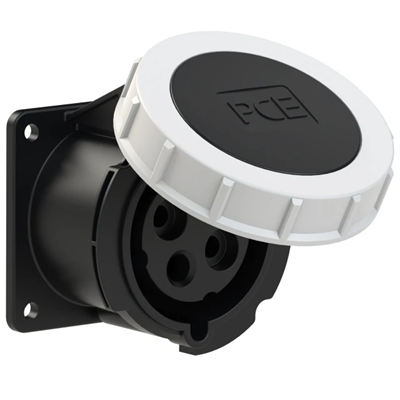 Straight panel socket 32A 3P+E 500V 50/60Hz 7h IP67, flange 75X75, screw spacing 60X60, nickel-plated contacts
