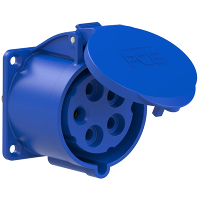 Straight panel socket 32A 3P+Z+N 230V 50/60Hz 9h IP44, flange 70X70, bolt spacing 56X56