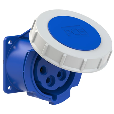 Straight panel socket 32A 3P+Z+N 230V 50/60Hz 9h IP67, flange 70X70, bolt spacing 65X65