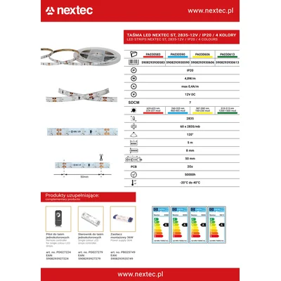 Striscia LED NEXTEC ST / 12V / 2835 / 4,8W / 60 LED / IP20 / Blu / 5m / 8mm