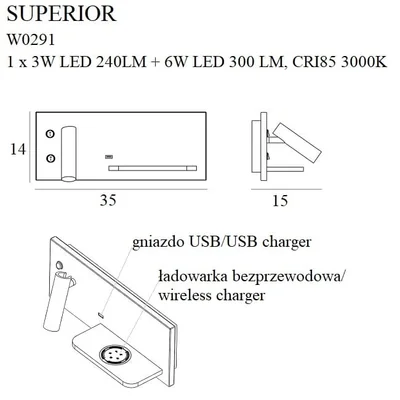 SUPERIOR Lampa ścienna 3W+6W 240lm+300lm 3000K IP20 biała