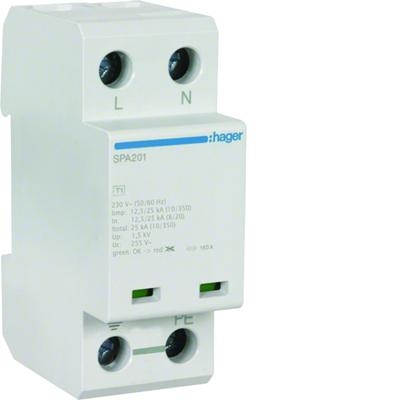 Surge arrester SPD T1 combined, 2P, TN-S/TT, Iimp 25kA, Up≤1.5kV