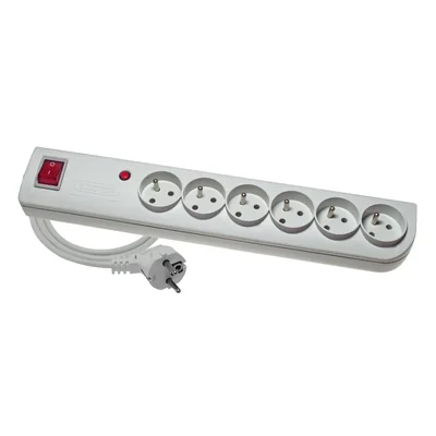 Surge protector extension cord with overload and overcurrent protection, 6-fold, 6x2P+Z, gray, with illuminated switch 3x1mm² 250V~/10A - 1.5m and mounting holes PSF4-601