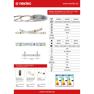 Світлодіодна стрічка NEXTEC ST 12V 2835 4.8W 60 LED IP63 4200K 360lm/m 75lm/W 5m