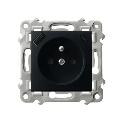 SZAFIR Single socket with grounding and current path shutters with charger, USB A+C - matt black
