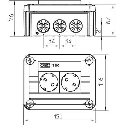 T 100 2MSD WS Junction box with 2 Schuko sockets