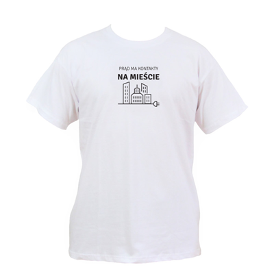T-Shirt „ELEKTRIZITÄT HAT KONTAKTE IN DER STADT“ weiß, Größe M